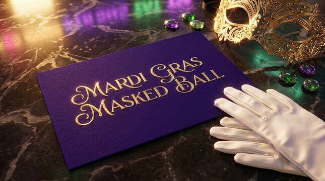 Elegant Mardi Gras masked ball invitation card with golden mask, white gloves, and sparkling gems on a luxurious dark marble table. Perfect for festive celebrations.
