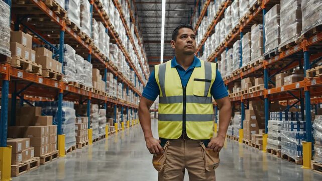 Warehouse work scene on Labor Day. Warehouse worker standing calmly in a long aisle surrounded by shelves and inventory, symbolizing dedication and reliability on Labor Day.