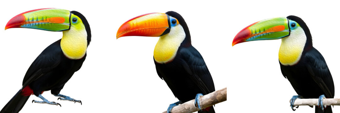 Keel-billed Toucan Ramphastos Sulfuratus and Toco Toucan Ramphastos Toco perched isolated on white background, tropical bird collection with colorful beaks for natural history design
