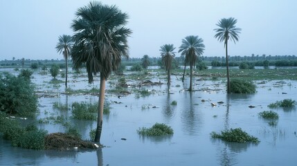 Obraz premium Flooded agricultural landscape with palm trees submerged in water during an extensive inundation