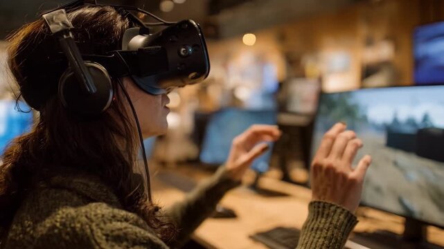 Medium shot of a participant wearing a VR headset exploring a realistic conflict zone simulation highlighting immersive human rights awareness and empathy through virtual reality.