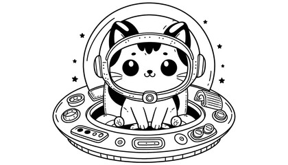 A cute cat sitting in a small spaceship cockpit, wearing a pilot helmet, children&rsquo;s coloring book style, perfect for prints and coloring books