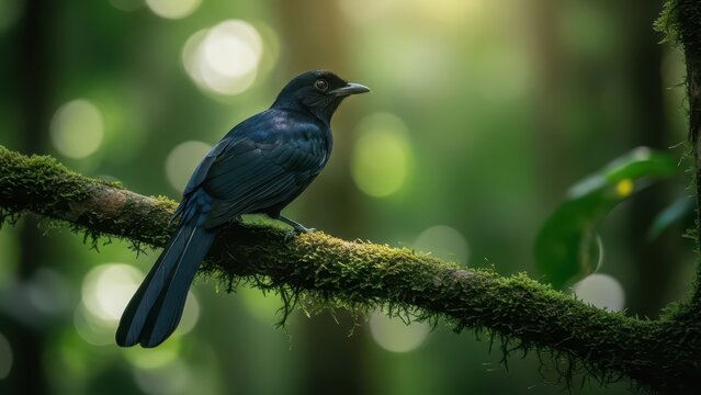 Striking Murai Batu Bird Perched on Mossy Branch Amidst Lush Forest Environment