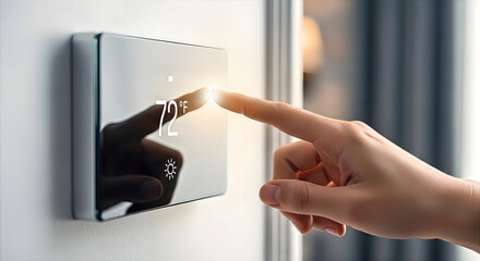 Touch the future: A close-up shot of a hand gently adjusting a digital thermostat. The scene captures the essence of modern climate control technology and energy efficiency.