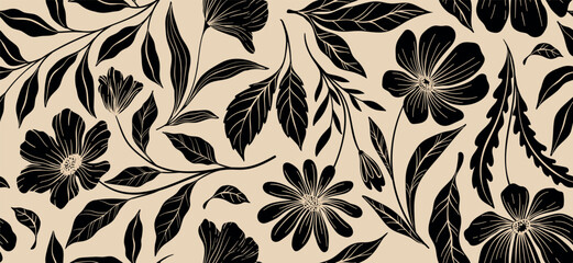 Leaves branch and Hand Drawn simple floral plants banner. seamless pattern. Creative minimalist Abstract art background. Design wall decoration, postcard, poster and brochure © Hulinska Yevheniia