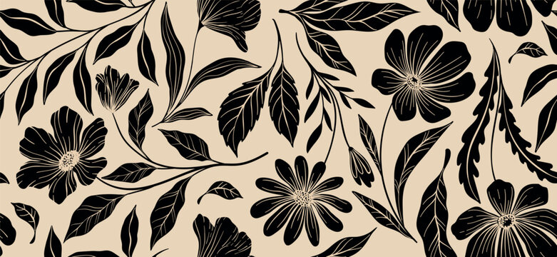 Leaves branch and Hand Drawn simple floral plants banner. seamless pattern. Creative minimalist Abstract art background. Design wall decoration, postcard, poster and brochure