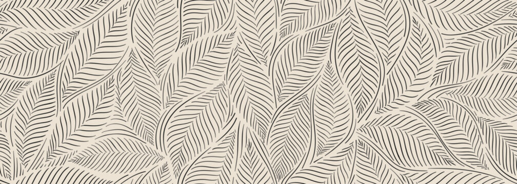 Tropical line art leaves seamless background vector. Wallpaper design with leaves shapes and scribble doodle linear leaf. vintage botanical floral seamless pattern.