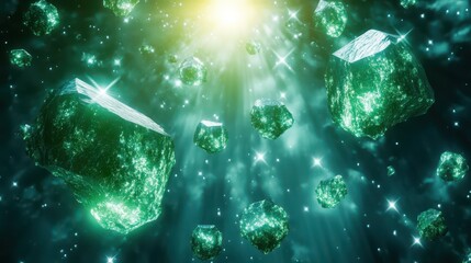 Interlocking segments of polished meteorite fragments floating in a luminous cosmic expanse with distant stars