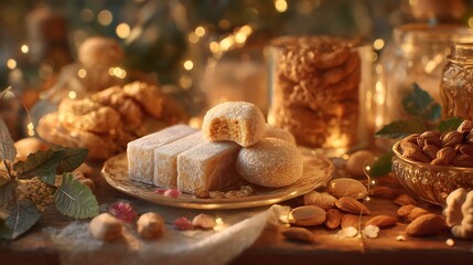 Festive Arrangement of Traditional Sweets and Nuts with Warm Lighting
