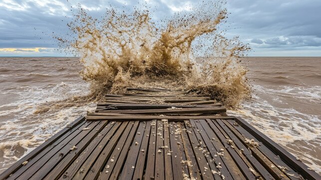 Muddy ocean waves crashing violently against a weathered wooden pier with debris scattered on the planks
