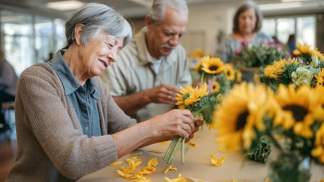Elderly couple enjoying floral arrangement. Seniors are carefully arranging bright sunflowers together. Active aging and joyful hobby. Classroom activity, senior center. Creative therapy concept.