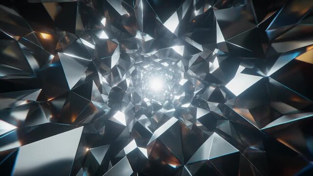 Abstract Geometric Tunnel of Shimmering Crystal Facets with Bright Light Ahead fractal animated