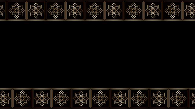 Golden frame border seamless loop animation with ornamental pattern moving opposite horizontal directions on black background. 4K animated luxury frame border for motion graphics and cinematic title.
