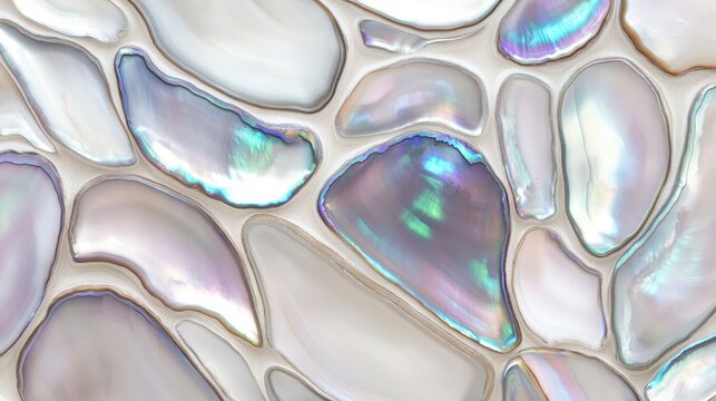 Polished abalone shell mosaic tiles showcasing iridescent nacre patterns and pearly textures