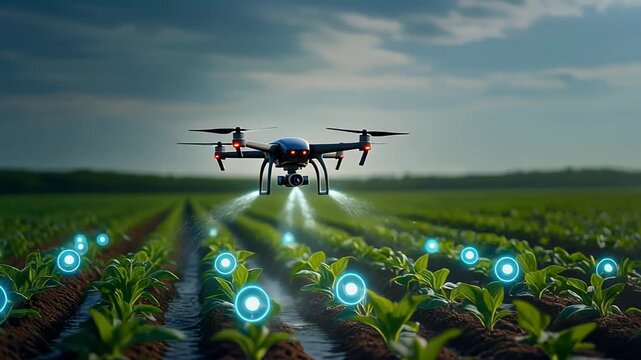 Drone spraying liquid over a lush green agricultural field under a dramatic sky agricultural drone animated