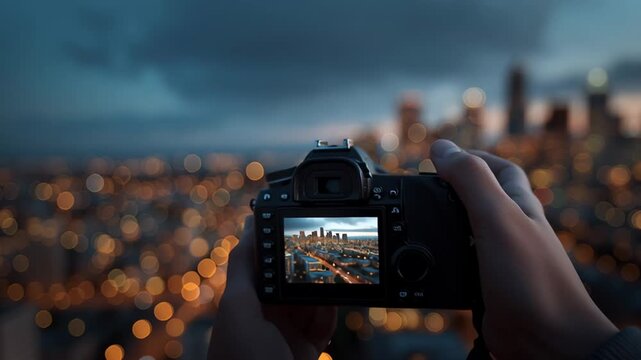 Hands holding a digital camera capturing a city skyline at dusk with glowing lights and soft bokeh, urban photography and travel inspiration concept