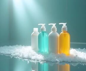Colorful Shampoo Bottles Soap Suds Shower