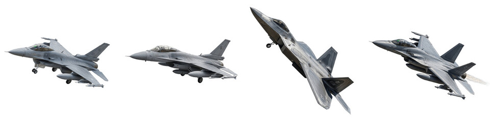 Set of modern military jet fighters in multiple tactical flight positions and maneuvers, high-speed...