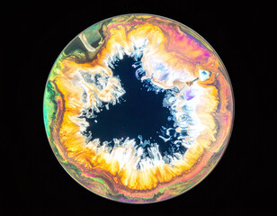 Captivating macro image of vibrant fluid art in a circular frame. Glowing gold and orange tones mimic a cosmic nebula or microscopic life. Perfect for creative and scientific designs.