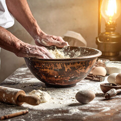 Fototapeta premium Hands kneading dough in a rustic clay bowl under warm lamplight. A nostalgic culinary image capturing traditional baking, ideal for food blogs, cookbooks, and artisan bakery themes.