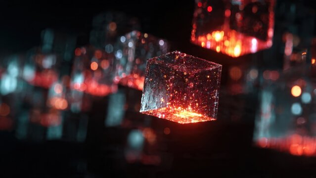 Futuristic glowing data cubes in dark space