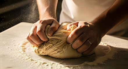 Kneading Dough: A culinary artist diligently works dough, demonstrating expertise and passion, capturing the essence of artisanal baking.