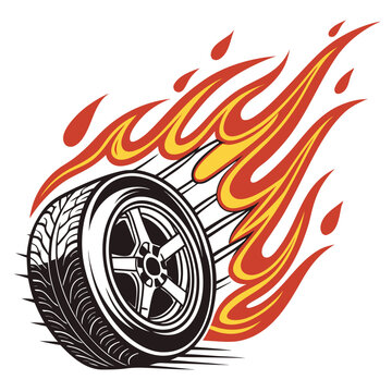A tire with flames coming out from behind it Vector