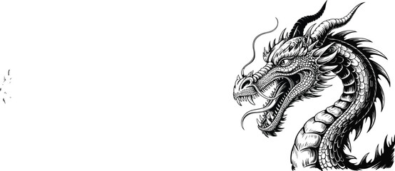Intricate black and white illustration of a dragon's head and neck