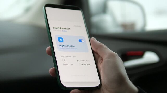 Professional shot of a user getting online using a virtual SIM card. High-quality sequence from offline to online status. Great for showcasing app development, future of telecommunications, and easy