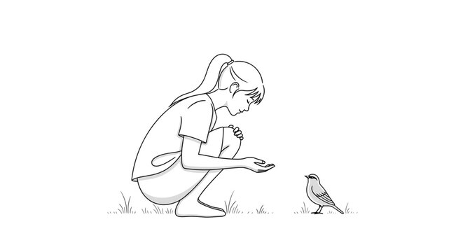 A minimalist line art illustration of a young girl crouching and feeding a small bird
