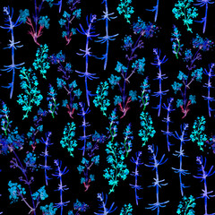 Watercolor seamless pattern from plants, flowers, leaves, grasses, branches. Berry raspberries. Picture parsley, celery, mint, dill, spice.
Vintage, fashionable drawing, hand-drawn graphics.