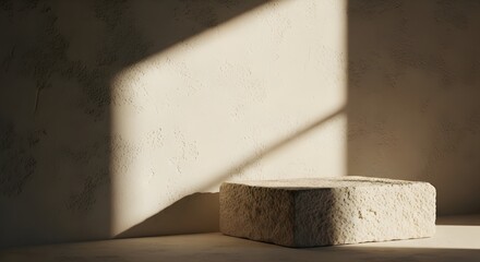 Rough textured stone podium illuminated by dramatic oblique sunlight casting long shadows across an interior room setting