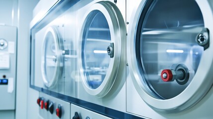 Transparent acrylic isolation chamber equipment with round windows and control panels for scientific laboratory use