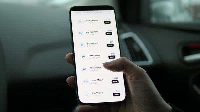 Close-up of a person activating an eSIM plan in a car to access a telemedicine app. User scrolls through a list of medical specialists for instant booking. Perfect for travel tech, remote healthcare