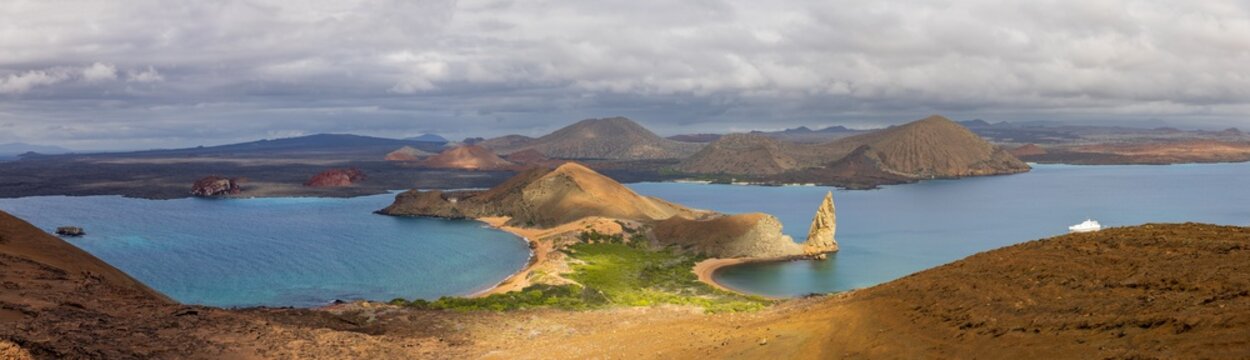 Panoramic, High angle view of Pinnacle Rock on Bartolome Island, Galapagos National Park, Ecuador
