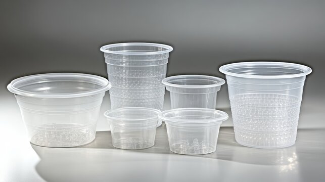 Various sizes of clear disposable plastic containers for food and drinks on a table