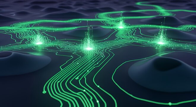 Abstract visualization of a glowing green digital network with interconnected nodes and pathways on a dark, undulating surface.