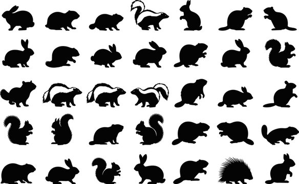 Small woodland animal silhouette collection featuring rabbits, squirrels, skunks, beavers, and porcupines in multiple poses isolated on white background