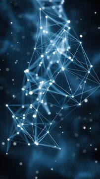 Complex network structure with interconnected nodes and lines on dark blue background.