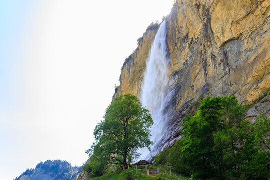 View of Staubbach Falls in Lauterbrunnen, Bernese Oberland, Switzerland