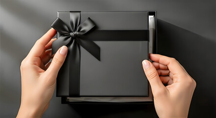 Gift Presentation: Elegant hands carefully open a sophisticated, black gift box adorned with a matching satin ribbon and bow, revealing a sense of anticipation and the allure of something special.