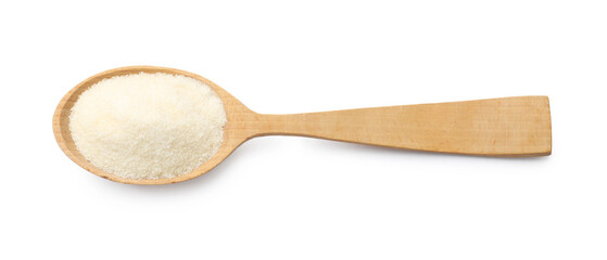 Obraz premium Dry gelatin powder in wooden spoon isolated on white, top view