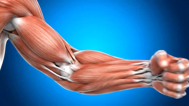 Detailed anatomical illustration of human arm muscles and tendons.