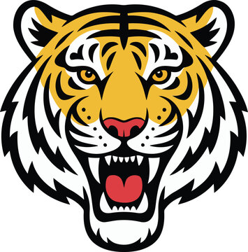 A roaring tiger with sharp teeth and intense eyes, symbolizing power and ferocity