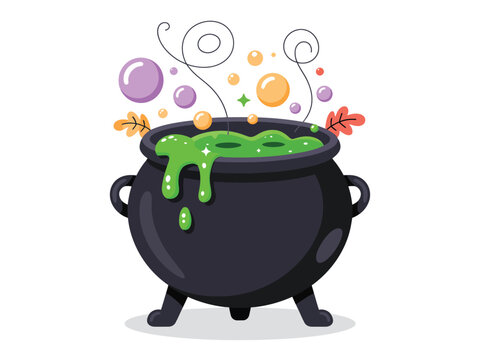 Witchs cauldron with bubbling green potion in cartoon style with bright colorful bubbles for halloween decoration