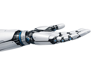 Robotic hand offering or receiving, showing bionic technology and artificial intelligence concept on transparent background