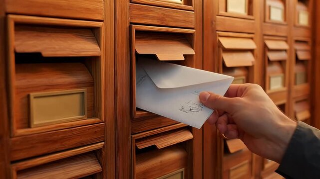 Hand inserting envelope into wooden mailboxes