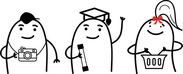 Obraz premium Minimalist doodle characters as tourist, graduating student and woman with grocery basket