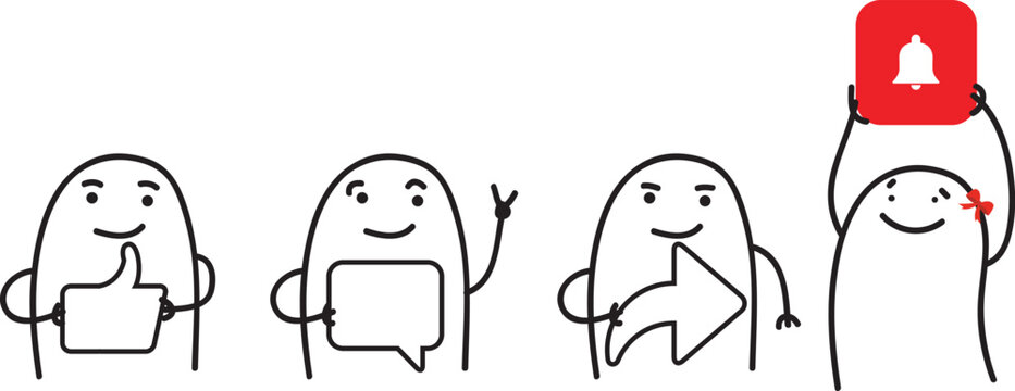 Minimalist doodle characters holding social media icons like, chat, arrow and notification