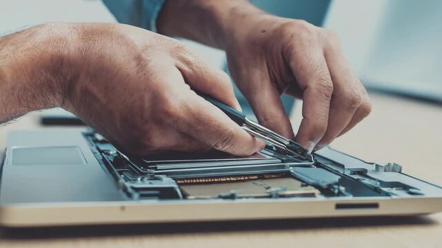 Closeup of expert replacing a nickelmetal hydride battery inside a laptop during routine maintenance